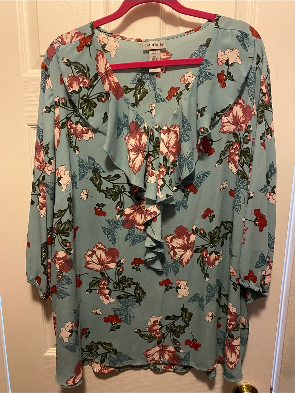 Catherines Light Blue Floral Ruffle V-Neck Tunic